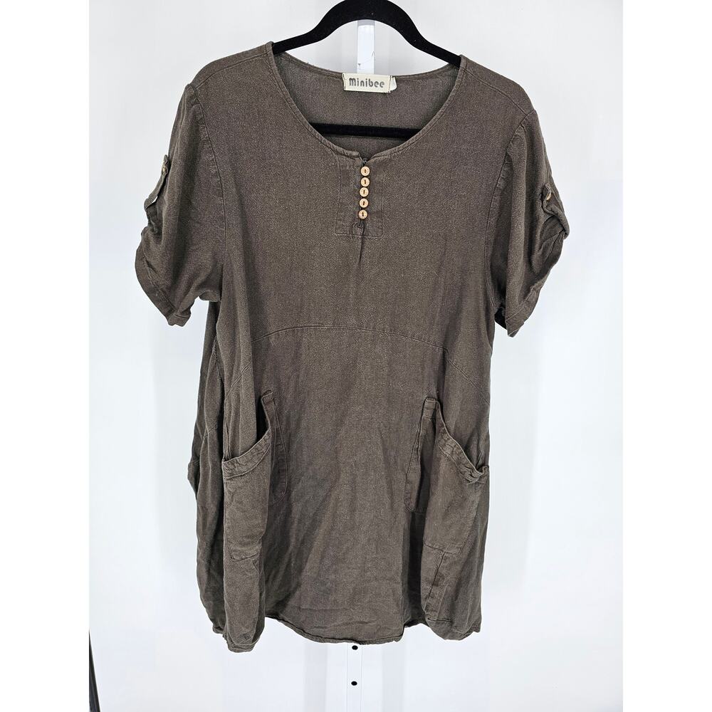 Minibee Womens Sz L Linen Lagenlook Tunic Top Brown Short Sleeve
